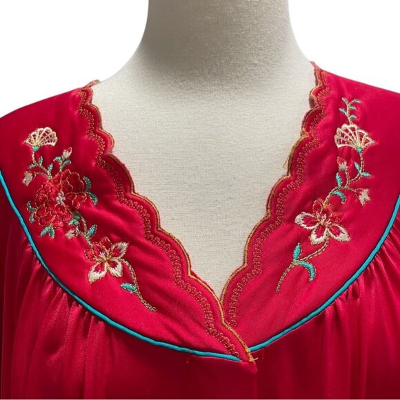 Vintage Red Embroidered Nightgown Floral Long Sleeve Maxi Lounge Elegant Glamour - Picture 4 of 8